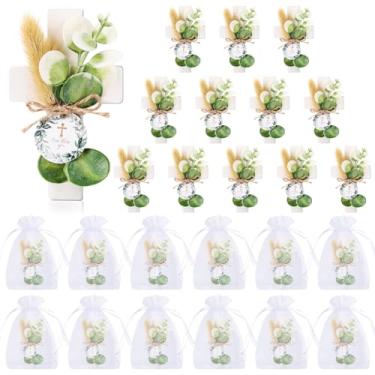 Imagem de 12 conjuntos de lembrancinhas de festa de batismo para convidados de primeira comunhão, ímã de batismo de cruz de madeira com flores para festa de chá de bebê Bless, presente de batismo, revelação de