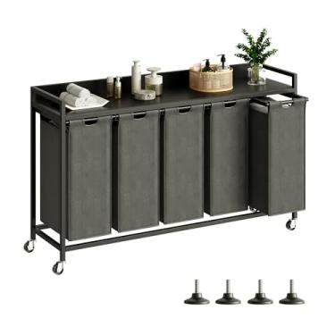 Imagem de Herture Cesto de lavanderia com prateleira, cesta de lavanderia com 5 seções, classificador de roupas com sacos grandes removíveis removíveis e rodas móveis, estrutura de metal, 60 litros, preto