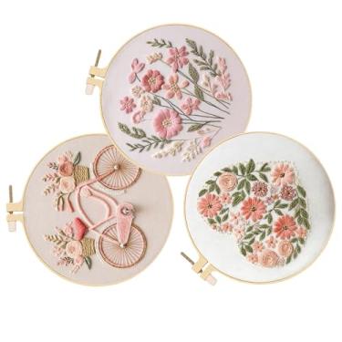 Imagem de Huacan Kits de bordado para adultos, iniciantes, 3 peças, flores estampadas, padrão de bicicleta, costura, faça você mesmo, kit de costura ponto cruz 19 x 19 cm