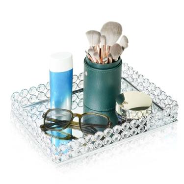 Imagem de Bandeja espelhada de cristal de metal – Bandeja de mesa de centro de mesa de 28,4 x 20,6 cm, exibição multifuncional para flores/cupcakes/joias, organizador de vaidade e enfeite de mesa de sobremesa