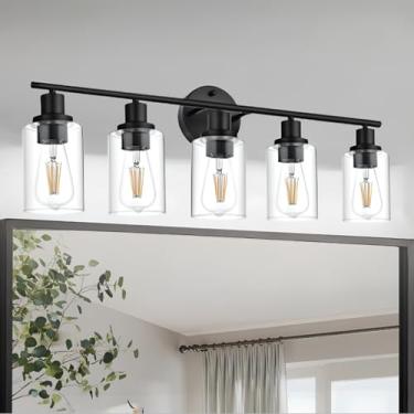 Imagem de Yaohong Luminárias De Banheiro Pretas Foscas, Penteadeira Moderna 5 Luzes Sobre Espelho, Arandelas Parede Com Vidro Transparente Para Cozinha, Sala Estar, Corredor E Armário