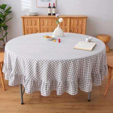 Imagem de K MASANIJI Toalha de mesa xadrez 100% algodão, cinza, branca, com babados, capa redonda, diâmetro: 177,8 cm, quadriculado, vintage, guingão, toalha de mesa decorativa (xadrez cinza/branco, diâmetro