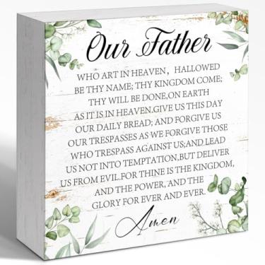Imagem de WUZYOU Decoração de parede de caixa de madeira com frase de oração e versículo bíblico, Our Father Who Art In Heaven, placa de bloco de madeira, decoração de parede, citação cristã, decoração para