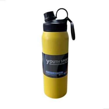Imagem de Garrafa Térmica Inox 800ml Esportiva com Bico Antivazamento, Bocal Largo, Alça de Transporte, Proteção Dupla (p1315) (Amarelo)