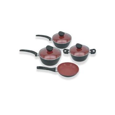 Imagem de Conjunto de Panelas Antiaderente 4 Peças, Tampa de Vidro, Fundo Triplo Indução, Preto e Vermelho