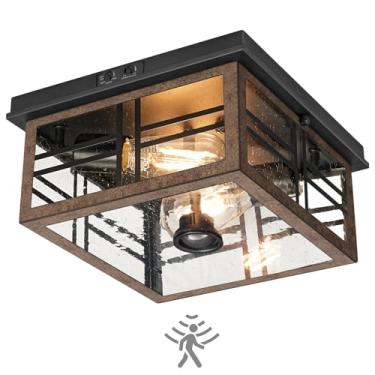 Imagem de GOEBLESON Luminária De Teto Externa Com Sensor Infravermelho, Montagem Embutida, Movimento, 2 Luzes, Estilo Fazenda, Vidro Bolha, Lâmpadas Não Incluídas, 3 Modos, Para Varanda, Garagem, Corredor, Pá