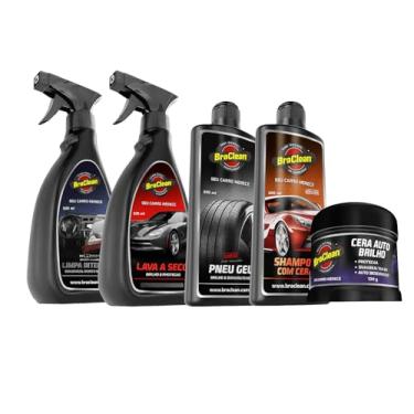 Imagem de Melhor Kit Limpeza E Estética Automotivo, Limpador Interior, Lavagem a Seco, Gel para Pneus, Shampoo com Cera, Cera Auto Brilho, 5 Produtos BraClean PREMIUM