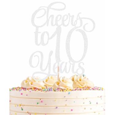 Imagem de AHAORAY Topo de bolo Cheers to 10 Years - Material de decoração de bolo infantil de 10 anos com glitter prateado - Casamento abençoado de 10 anos, decorações de festa de aniversário, adereços de