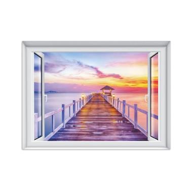 Imagem de Quadro de Parede Janela Falsa-Paisagens Impressões em Tela-Sunset Mar Bridge-Natureza Pinturas Decoração 50x70cm-19x27in Sem Moldura