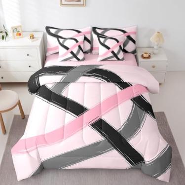 Imagem de jejeloiu Edredom solteiro com listras pretas e cinza rosa, 7 peças, geométrico, moderno, arte abstrata, linha geométrica, cama em uma bolsa, inclui edredom, conjunto de lençóis, fronhas e fronhas