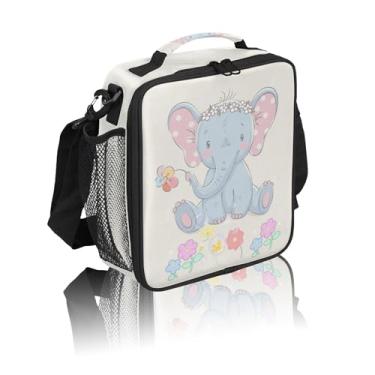 Imagem de CFERSAN Lancheira infantil com estampa de flor de elefante fofa, lancheira escolar, recipientes reutilizáveis para meninas e meninos com alça, lancheira espaçosa, pequena bolsa térmica com zíper