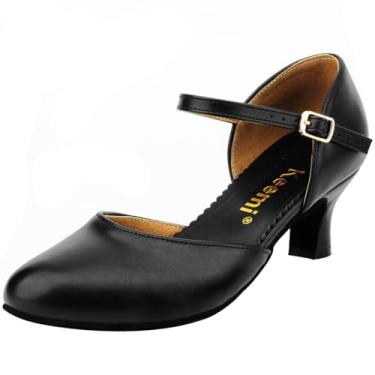 Imagem de Keemi Sapatos de dança de salão de couro para mulheres, salto alto preto com tira no tornozelo para casamento flamenco de salsa tango latino, 5,8 cm, Preto, 40
