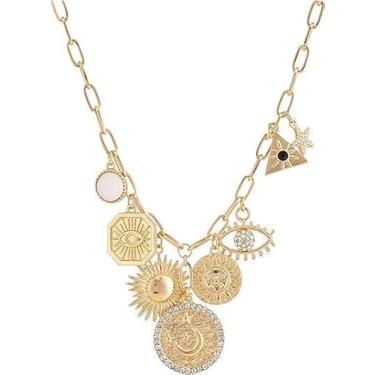 Imagem de iSPECIAL Colar de coração retrô grosso para mulheres, camada antiga, praia, oceano, lua, estrelas, boho, charme, colares, retrô, joia, Adjustable, Zinco, Sem Pedra Preciosa