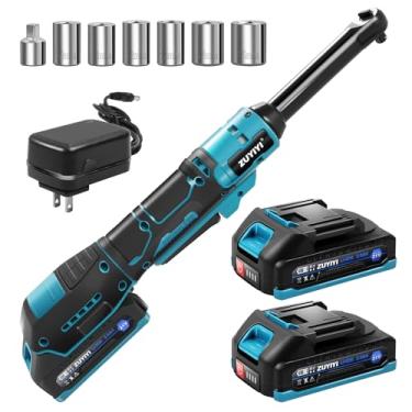 Imagem de ZUYIYI Conjunto de chaves catraca elétrica sem fio de 9,5 cm, chave catraca de pescoço longo estendida de 16 cm, catraca de torque de potência de 400 RPM 21V, 2 baterias e carregador de 2,0 Ah, 6