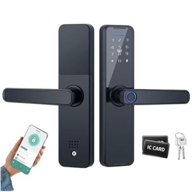Imagem de VLUOO Fechadura de porta inteligente com impressão digital com alça, fechaduras biométricas com 2 chaves mecânicas e 2 cartões IC, desbloqueio de aplicativo TTLock para hotéis, escritórios e
