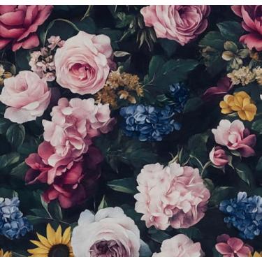 Imagem de Papel de parede vintage floral para banheiro preto rosa flores papel de parede 43 cm x 93 cm colorido botânico de contato vinil impermeável autoadesivo para prateleiras de cozinha armário paredes mesa