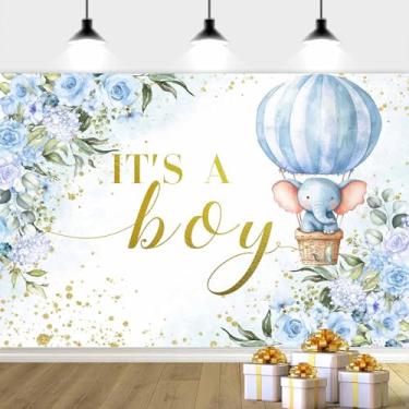Imagem de Pano de fundo de 2,1 x 1,5 m Its a Boy para decoração de chá de bebê, flores azuis, decoração de chá de bebê, sessão de fotos, pano de fundo, faixa para revelação de gênero, fundo de celebração