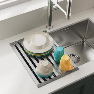 Imagem de COOL-ANGLE Escorredor de louça retangular dobrável, base de silicone antiderrapante, escorredor de pratos de alumínio sobre a pia para pia de cozinha, ideal para tapete de secagem fácil de armazenar