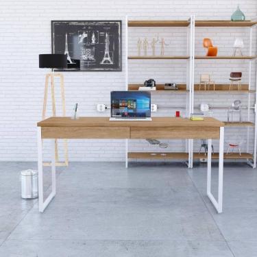 Imagem de Mesa Diretor 150x60x75cm Com 2 Gavetas Kuadra Lâmina Mel Estrutura Branca