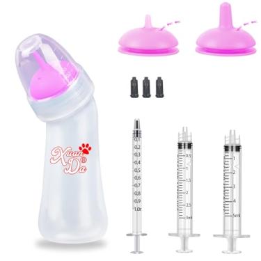 Imagem de Xuanda Mamadeira e seringas para animais de estimação, mamilos de 3 tamanhos com válvula de ventilação resistente a rasgos, perfeitos para filhotes, gatinhos, vida selvagem pequena (rosa)