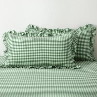 Imagem de K MASANIJI Pacote com 2 fronhas de travesseiro tamanho king com babados xadrez azul e branco Spa, 91,4 x 50,8 cm, 100% algodão, xadrez, para cama/sofá (91,4 x 50,8 cm, azul spa/xadrez branco)