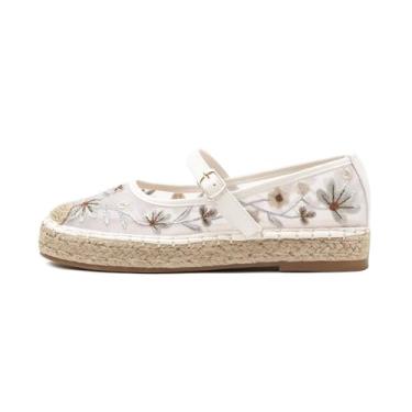 Imagem de ATBELL Sapatilha feminina Mary Jane com alpargatas bordadas, malha tecida, alpargata, sapatilha, sapatilha, casual, verão, Branco, 38