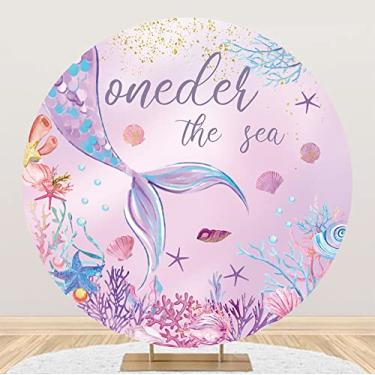 Imagem de Yeele 2,2 x 2,2 m de fundo redondo de sereia de 1º aniversário, conchas de coral submarino, rosa, cauda de sereia, fundo para fotografia do mar, para decoração de mesa de bolo