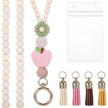 Imagem de Cordão de professor 2025 com suporte de identidade, cordões de professores modernos para mulheres, cordão boho bonito para professores, cordão de contas de madeira natural para crachás de