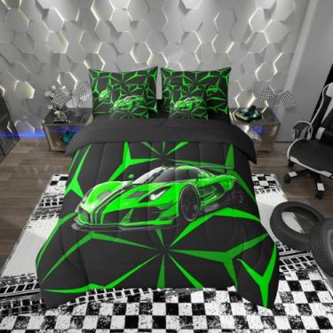 Imagem de Jogo de cama de carro de corrida verde com tema de esportes radicais, linhas geométricas abstratas, tamanho casal, 7 peças, para crianças, meninos, adolescentes e adultos, conjunto de cama com edredom
