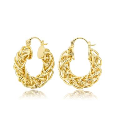 Imagem de JA.S.JR Brincos femininos de argola torcida banhados a ouro 18K | Brincos de ouro grosso | Argolas de ouro geométricas hipoalergênicas de 25 mm, 25 mm, Cobre, Sem pedra preciosa