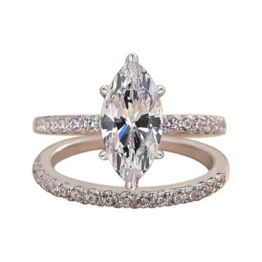 Imagem de Hsitgexf Anéis de compromisso de noivado 2 em 1 de zircônia cúbica com corte marquise clássico, conjunto de anéis de noivado em forma de oliva brilhante solitário meia eternidade (6)