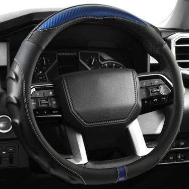 Imagem de Capas de volante de carro, ajuste universal, Sedan SUV, couro napa esportivo, aderência de massagem de fibra de carbono, antiderrapante para homens e mulheres (azul 01, tamanho padrão (37 cm - 38 cm))