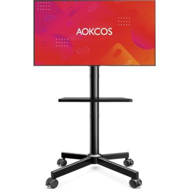Imagem de AOKCOS Suporte de TV com rodinhas - Suporte de TV móvel sobre rodas para TVs planas/curvas de 81.3-165.1 cm com inclinação, ajuste de altura, carrinho de TV portátil com rodinhas comporta até 40 kg