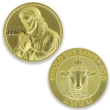 Imagem de Jesus Prayer & Lamb of God Christian Challenge Coin – Inspirational Pocket Token for Faith, Baptism, Easter & Spiritual Encouragement (Gold Plated)