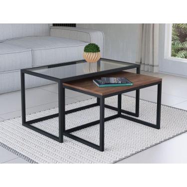Imagem de Conjunto Mesa De Centro Industrial 85cm e 80cm Preto Duo Vidro e Madei