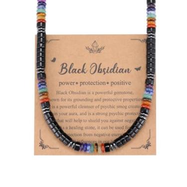 Imagem de Jovivi Colar masculino de cristal de cura preto obsidiana olho de tigre, 7 chakras, pedras preciosas, colar de contas de pedra natural, joias de proteção tripla, presentes para homens, alívio do
