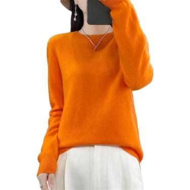 Imagem de 100% Lã Merino Camisola Feminina Crewneck Pullover Cor Sólida Malha Manga Comprida Tops, Orange, XL