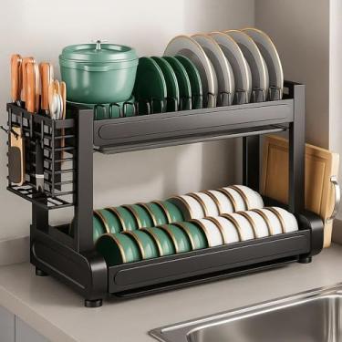 Imagem de Escorredor de Louças 2 Andares Preto Fosco - Bancada Multifuncional com Bandeja, Porta Talheres, Suporte para Tábua e Copos