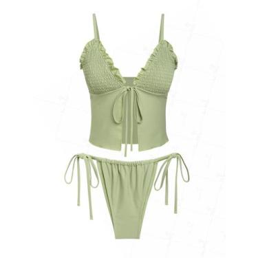Imagem de Conjunto de tanquíni Seamoly Solid Color Smoked Ruffles, verde claro