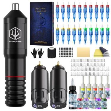 Imagem de Kit de máquina de tatuagem rotativa sem fio POSEIDON HM073 com tintas 