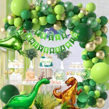 Imagem de Kit Festa Balões Aniversário Verde Com Balões Em Formato De Dinossauro Banner De Letras Feliz Aniversário Painel E Arco (110PCS)