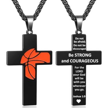 Imagem de Colar masculino com cruz de basquete, versículo bíblico, pingente de presente para aniversário, Natal, batismo, religioso, acessórios de basquete, presentes, Small, Aço inoxidável, Sem Pedra Preciosa