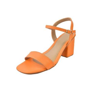 Imagem de  Sandalia Feminina Salto Grosso Bico Quadrado  Casual Laranja  - CALCE