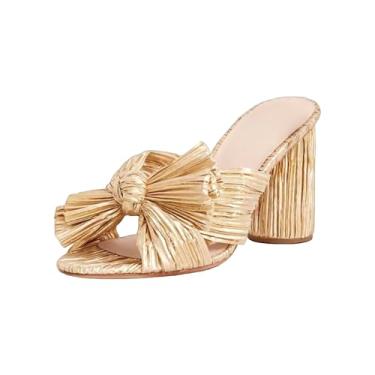 Imagem de MICIFA Sandálias femininas de salto laço, sem fecho, bico aberto, salto grosso, sapatos para noivas, vestido de casamento, Ouro - 8 cm, 35