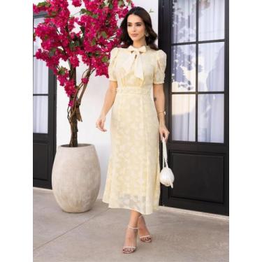 Imagem de Vestido Midi Feminino Rodado Chiffon Texturizado Decote V Manga Curta 