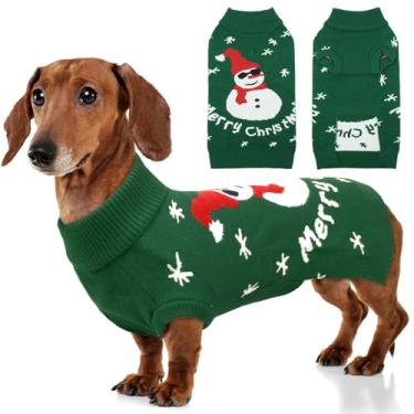 Imagem de Suéter engraçado de boneco de neve para cães - Suéter de Natal de malha grossa para cães pequenos e médios, meninas e meninos, roupas quentes de férias com orifício para coleira e gola rolê para