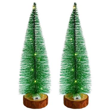 Imagem de Jogo 2 Árvores Mini Pinheiro Nevado Decorativo 25cm Iluminado LED Sequencial Base Tronco Natural