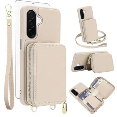 Imagem de Capa de celular para Samsung Galaxy A26 5G carteira de celular com protetor de tela de vidro temperado alça transversal de pulso suporte de cordão com bloqueio RFID slot para cartão de crédito A 26