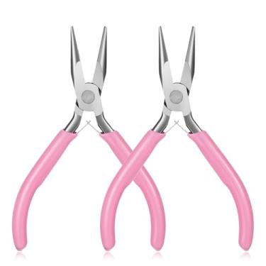 Imagem de Qulkws Conjunto de mini alicate de ponta de agulha, 2 peças de alicate de nariz de agulha para fazer joias, alicate de nariz de corrente de joias rosa, alicate pequeno para artesanato com mandíbula