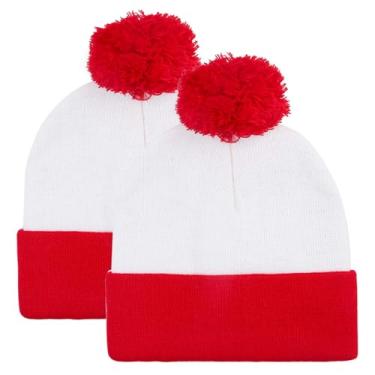 Imagem de URATOT Gorro de tricô com pompom vermelho e branco para fantasia de Halloween